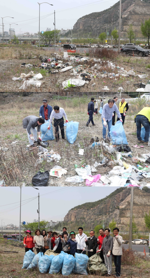 지난 24일 박준희 구청장이 남현동 채석장부지를 찾아 주민과 함께 쓰레기를 치우며 트래시태그 챌린지에 동참했다.