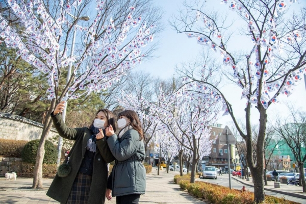 효창공원을 찾은 시민들이 태극기 트리 앞에서 사진을 찍고 있다.