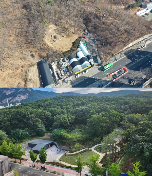 노원구가 불암산 자락의 산림훼손지를 복원해 '새솔공원 및 불암산 목공예체험장'을 조성했다고 19일 밝혔다. 사진 위부터 새솔공원 조성 전후 모습.