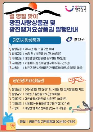 광진구, 설 명절 맞아 ‘광진사랑상품권 ․ 광진땡겨요상품권' 발행